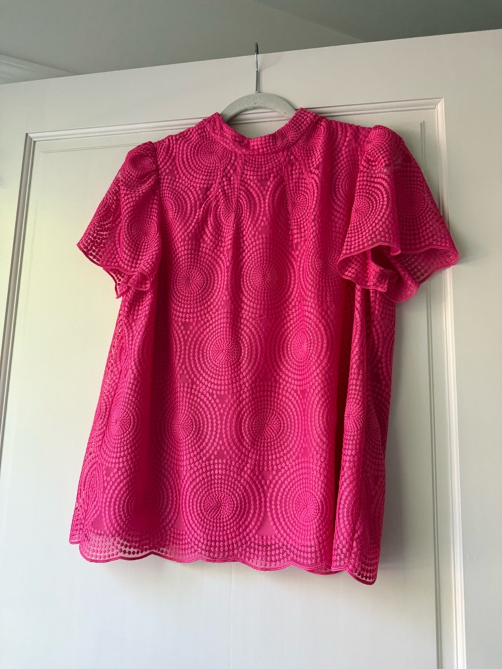 Trina Turk Bright Pink Lace Overlay Flutter Sleeve Top